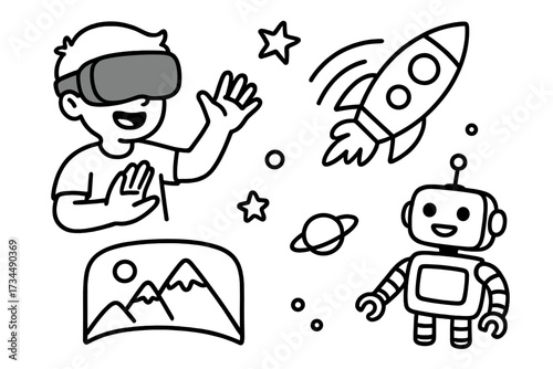 VR headset user explores virtual reality space with rocket and robot. Technology doodle icons set. Metaverse exploration cartoon vector. Line art for digital innovation concept.