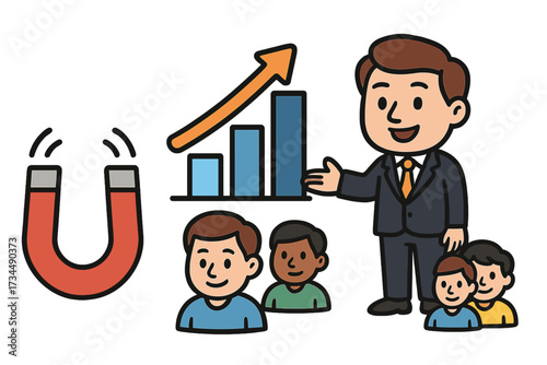 Business growth and lead generation concept. Inbound marketing strategy for customer acquisition and retention. Businessman presenting sales increase chart to attract an audience.