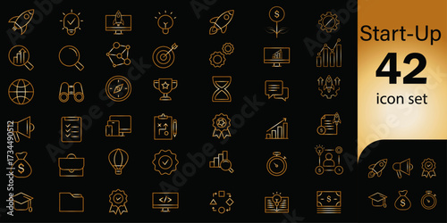 Icon set of start-ups | Golden thin line editable icon set on black background for web, presentation, development, mobile app, annual report