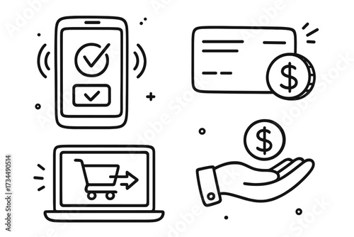 Online payment and e-commerce icon set. Doodle concept of mobile banking, digital transaction, online shopping, checkout, money transfer, and credit card payment methods.