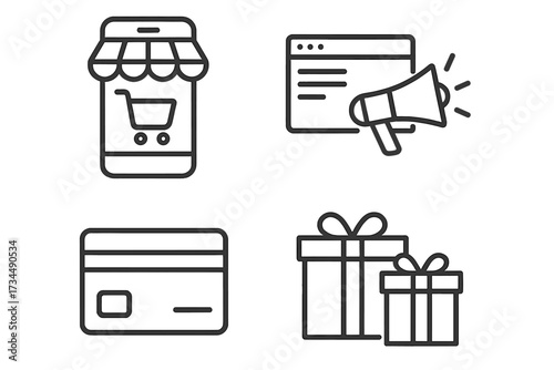 E-commerce and online shopping icon set in thin line style. Vector illustration of mobile shop, digital marketing, credit card payment, and gift symbols for web and app design.
