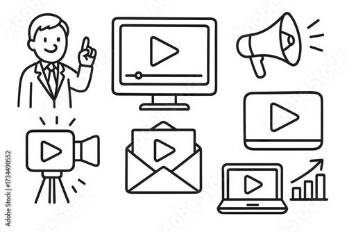 Video marketing icon set doodle. Content creation, webinar and online course concept. Digital promotion, business presentation, vlogging and streaming. Analytics and email.