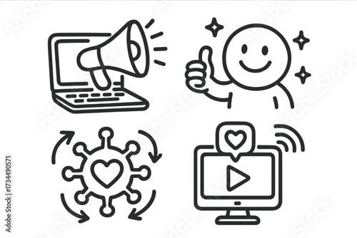 Digital marketing vector icon set. Social media advertising, online promotion, viral content, customer satisfaction and video marketing. Simple business outline pictograms.