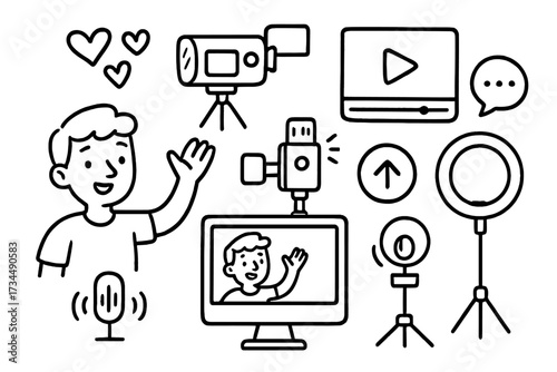 Vlogger and streamer doodle icon set. Video blogging and content creator kit. Live stream equipment, camera, microphone, ring light. Vector cartoon illustration elements.
