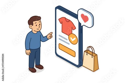 Man using a mobile app for online shopping. Personalized product recommendation concept. Customer buying clothes on a smartphone. E-commerce, retail technology. Isometric vector.