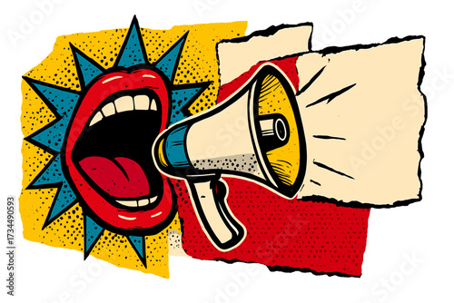 Pop art collage with megaphone and screaming mouth. Retro comic style announcement with copy space. Propaganda and protest concept. Halftone texture. Torn newspaper banner.