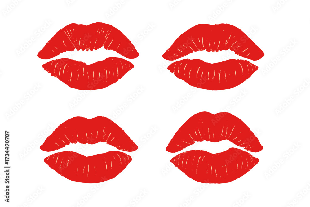 Obraz premium Red lipstick kiss imprints set. Vector lips female makeup mark. Girl's mouth cartoon illustration. Love and passion symbol. Valentines day romantic cosmetic print collection.