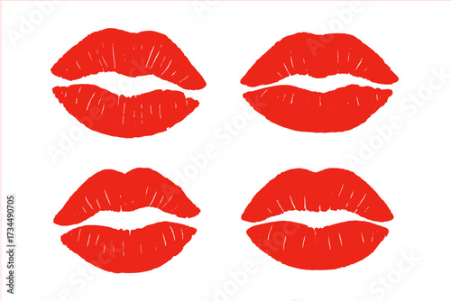 Red lipstick kiss imprints set. Vector lips mark collection. Female mouth print for cosmetics and beauty. Valentines day romance symbol. Grunge texture passion stamp illustration.