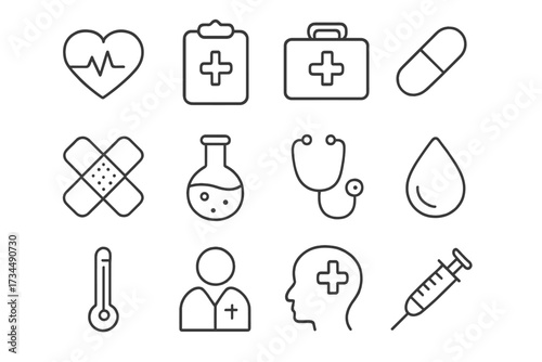 Medical and health web icons in line style. Medicine and health care infographic set. Vector illustration includes heart, rx, pill, syringe, doctor, first aid, and mental health.