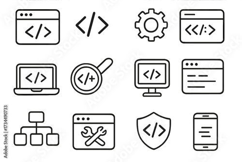 SEO and Coding Icon Set. Vector line art for web development, programming, software, and app design. Thin line symbols for website UI, UX, and security. Isolated on white.