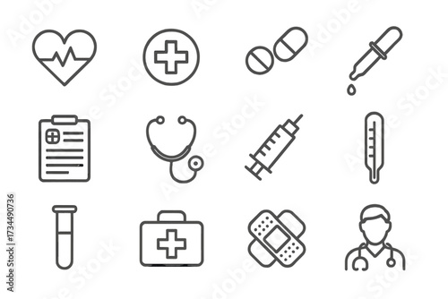 Medical and health care line icon set. Vector symbols for web, app, infographic. Medicine, hospital, pharmacy, doctor, first aid, treatment, diagnosis, cardiology, science. Rx.