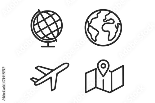 Travel and tourism line icon set. Contains globe, planet earth, airplane, map with pin. Vector symbols for navigation, flight, location, geography, and worldwide journey.