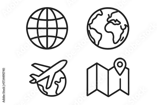 Travel line icon set with globe, Earth, airplane, and map with pin. Vector symbols for navigation, tourism, world geography, and global communication. Isolated illustration.