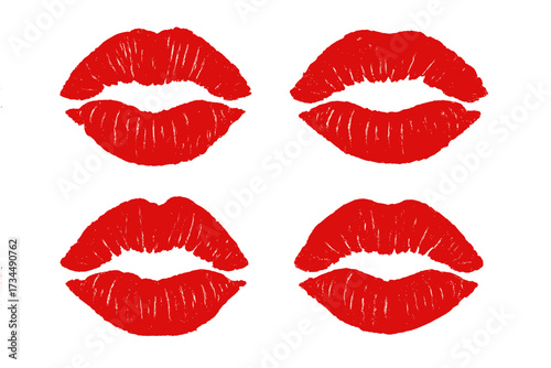 Red lipstick kiss imprints vector set. Female lips makeup mark collection. Woman's mouth print for beauty, love, romance, passion, Valentine's Day design. Cosmetic print.