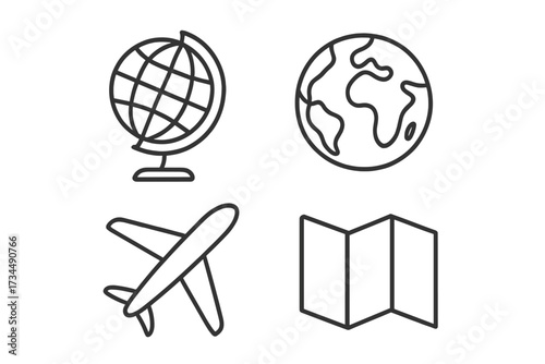 Travel icon set in thin line style. Globe, planet Earth, airplane, and map symbols for web. World tourism, global navigation, geography, and flight concept vector icons.