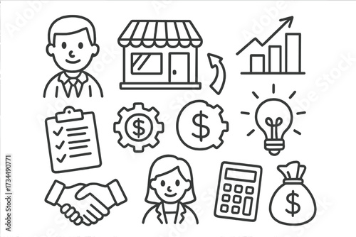 Small business doodle icon set. Vector cartoon line art for entrepreneurship concepts. Includes shop, growth chart, idea lightbulb, finance, investment, and partnership.