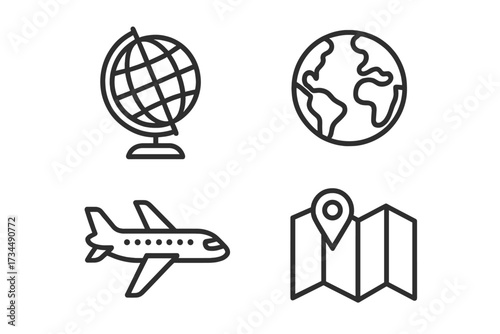Travel and tourism icon set. Globe, planet Earth, airplane, and map with location pin. Vector line icons for web, navigation, geography, and world journey concepts.