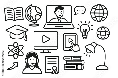 E-learning and online education doodle icon set. Hand-drawn vector symbols for distance learning, webinar, online courses, school, university, knowledge, and tutorial concept.