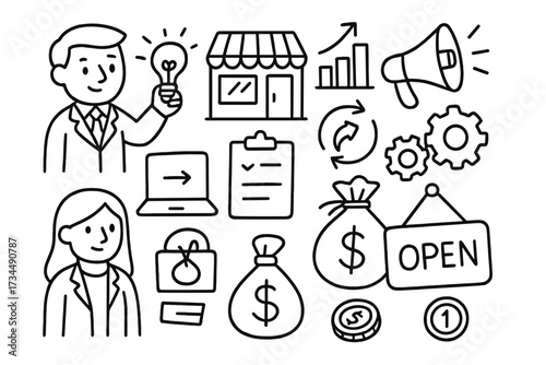 Set of hand drawn small business doodles. Vector illustration with startup icons. Includes finance, marketing, idea, growth chart, e-commerce, and entrepreneurship concepts.