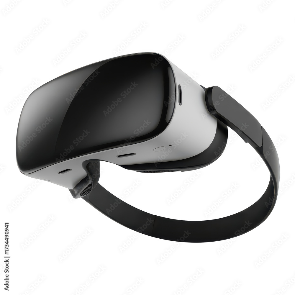 Fototapeta premium White and black virtual reality headset with dark gray strap isolated on a transparent background goggles