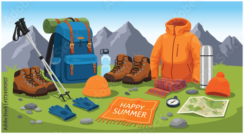 Summer camp illustration with camping gear, tent, mountain background, hiking boots, backpack, compass, map, jackets, and accessories.