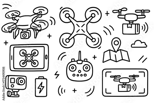 Drone technology doodle icon set. Hand drawn vector of quadcopters, remote controller, GPS navigation and package delivery. Aerial videography, surveillance and transport concept.