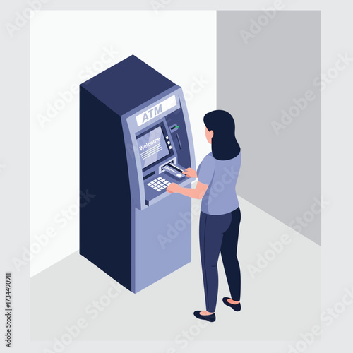 A flat-style vector illustration of a person withdrawing money from an ATM, featuring minimal design, clear structure, and modern color tones