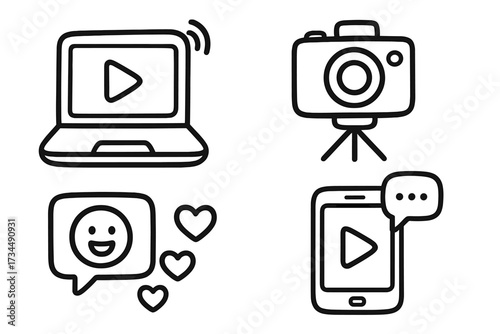 Doodle icons for content creator and social media marketing. Vlogging and streaming concept. Vector line art set with camera, laptop, phone and like emoji for digital business.