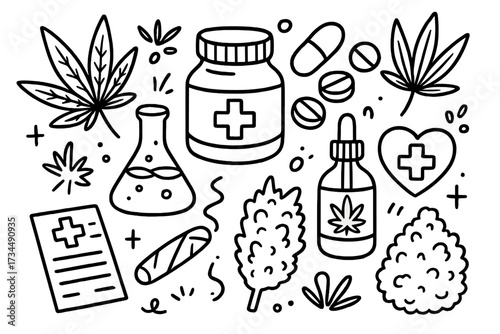 Medical cannabis doodle icon set. Marijuana leaf, CBD oil, weed bud, pills, joint and prescription. Alternative medicine, natural therapy and healthcare vector line art concept.