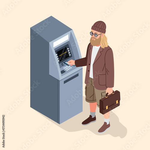 Man using an atm machine for banking transaction finance digital money withdrawal service