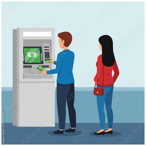 A flat-style vector illustration of a person withdrawing money from an ATM, featuring minimal design, clear structure, and modern color tones