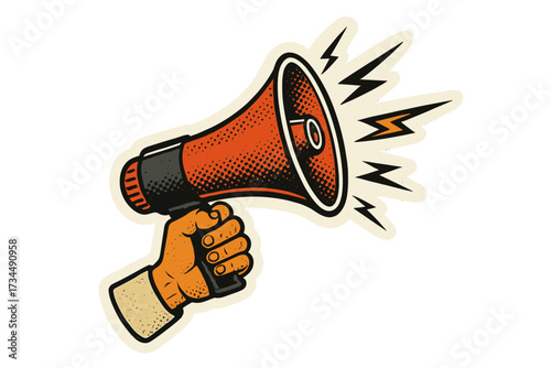 Retro sleeved hand holding a halftone megaphone. Loudspeaker for advertising, announcement, or protest. Vintage cartoon pop art vector illustration. Communication, news concept.