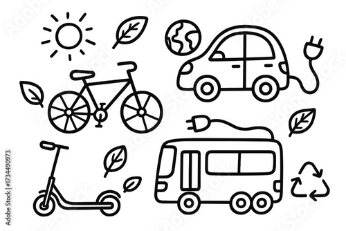 Eco friendly transport doodle set. Electric car, bus, bike, and scooter icons. Sustainable green energy and ecology concept. Vector line art illustration for climate action.