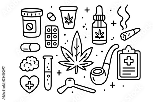 Medical marijuana line icon set. Cannabis therapy doodle collection. CBD oil, pills, joint, pipe. Legal weed, hemp products for health. Vector icons for healthcare, pharmacy.