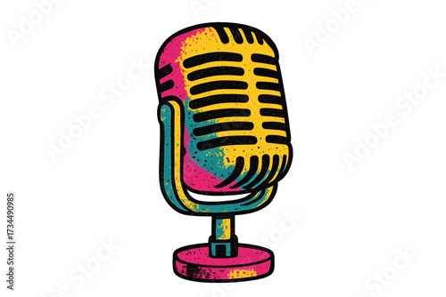 Retro microphone in trendy 90s pop art style. Vintage audio equipment for podcast or radio broadcast. Grunge, textured vector illustration for music or stand up comedy show.