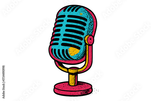 Retro microphone in trendy 90s halftone collage style. Vintage mike for podcast, radio show, or stand-up comedy. Pop art music or broadcast interview vector illustration.