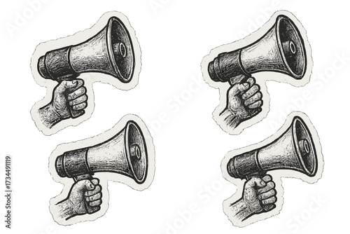 Set of hands holding loudspeakers. Torn paper sticker for collage. Retro megaphone. Textured hand drawn pencil doodle. Vector illustration. Protest, announcement, news, alert.