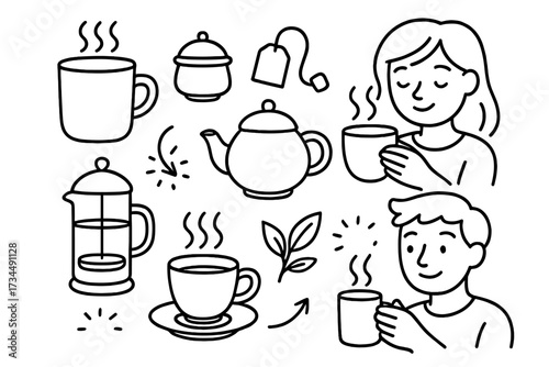 Tea and coffee time doodle set. Hand drawn vector icons collection of people drinking hot beverages, teapot, mug, cup, french press. Cozy cafe concept line art illustration.