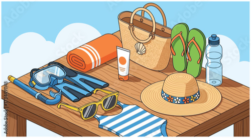 illustration of  traveling and tourism elements. Colorful touristic objects like backpack, suitcase, map and globe and place for text. Summer holiday background. Colored flat vector illustration