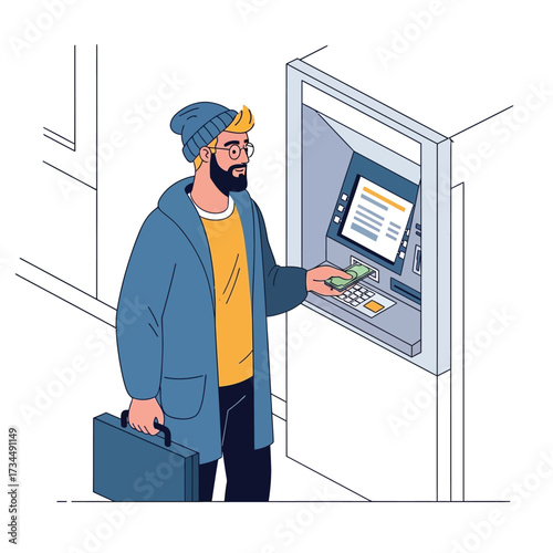 Man using an atm machine for banking transaction finance digital money withdrawal service