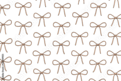 Seamless pattern with thin bow knots. Gift ribbons in checkered composition. Trendy hair braiding accessory. Hand drawn vector. Valentine's day coquette aesthetic background.