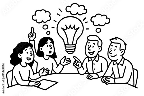 Business team brainstorming session. People in meeting discussing new ideas. Collaboration and teamwork concept with lightbulb. Creative solution and innovation doodle illustration.