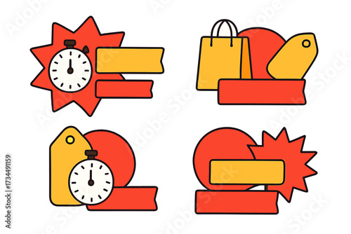 Last chance sale banner set. Last minute offer labels with stopwatch for promotion countdown. E-commerce and shopping vector illustration with price tag and shopping bag.