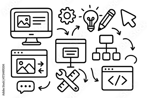 Web design and development doodle concept. UI UX creative workflow process. Vector line icons for website creation, programming, coding, sitemap, and user experience.