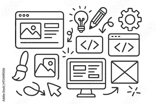 Web design doodle icon set. Vector line art for UI/UX development, website layout, coding, and SEO. Graphic elements for app creation, digital marketing and creative process.
