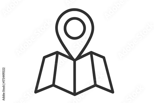 Map pointer icon with location pin on folded paper. GPS navigation, destination, and travel concept. Position marker symbol for direction and route finding. Simple linear vector illustration.