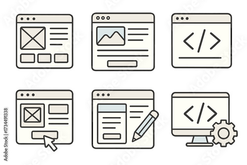 Web design icon collection. Doodle vector set of wireframes, user interfaces, web development, landing pages, coding. UI UX prototype, frontend, backend programming symbols.