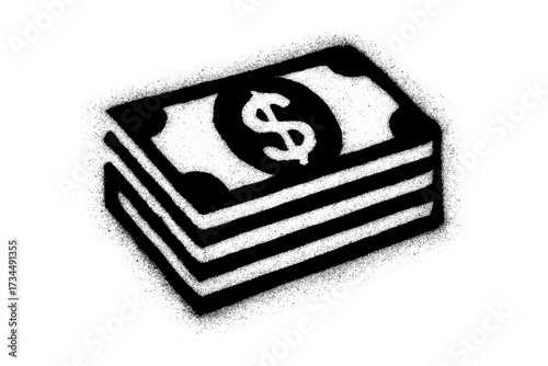 Money stack icon with dollar sign. Spray paint graffiti stencil style. Grunge halftone texture. Financial concept of wealth, cash, profit, and savings. Vector illustration.