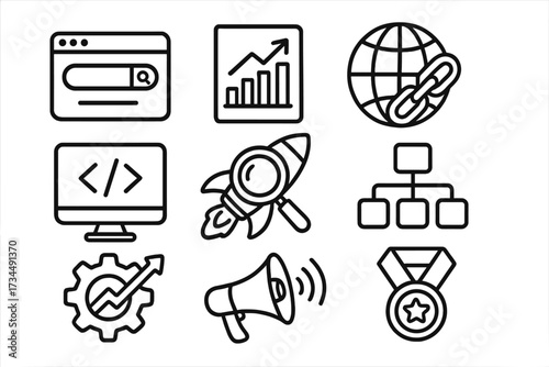 Web development icon set for SEO and digital marketing. Vector line art collection with concepts like coding, data analytics, startup launch, sitemap, backlink strategy and ranking.