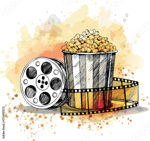 Lights, Camera, Popcorn: A cinematic still life of film reel and popcorn, rendered in a striking illustration with watercolor touches. A perfect blend of art and entertainment.